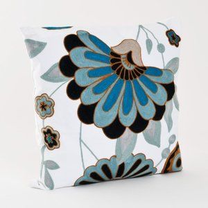 Elegant 17" Blue Crewel Work Down Filled Decorative Throw Pillow